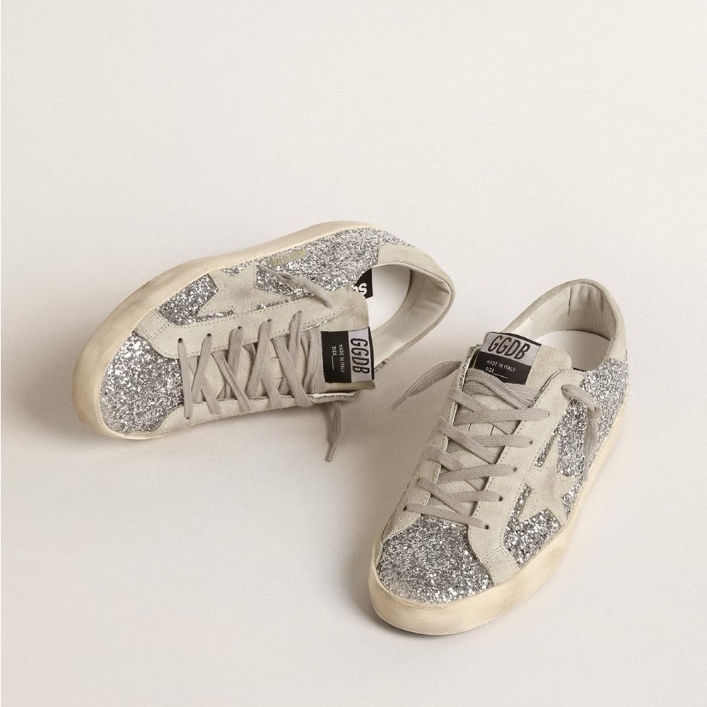 Golden Goose Women's Super-Star in silver glitter with ice-gray suede star